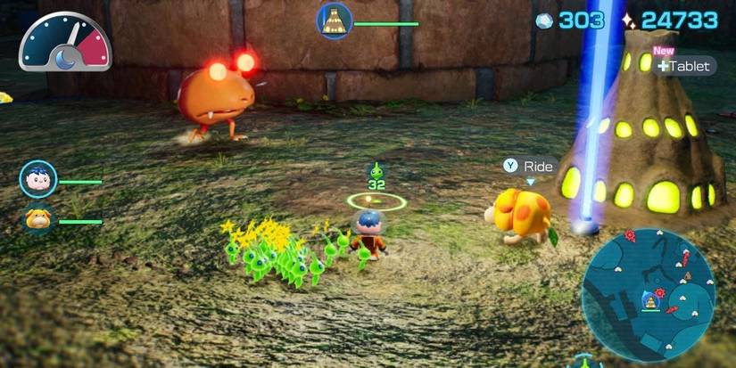 A Bulborb charging a glowing tower and a player getting ready to attack with Glow Pikmin and Oatchi in Pikmin 4