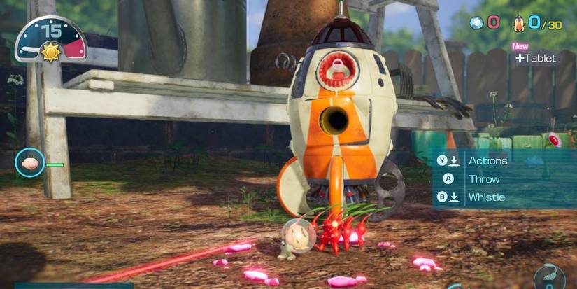 Olimar and red Pikmin standing outside a spaceship in Pikmin 4