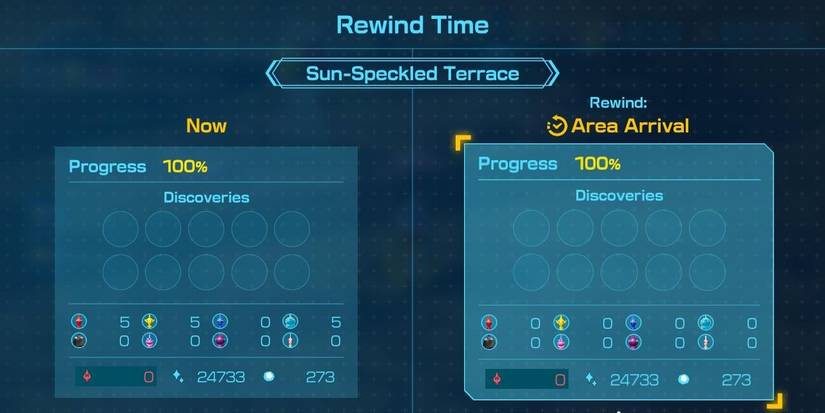 A Rewind menu in Pikmin 4, stating "Now" on the left and "Rewind: Area Arrival" on the right.