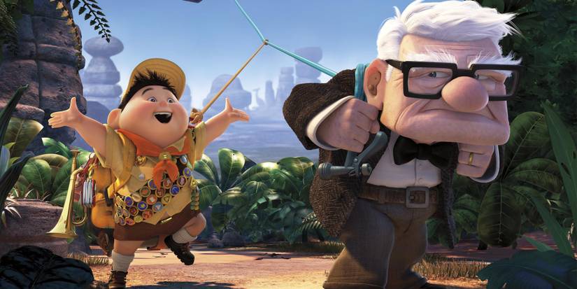 Carl fredrickson and Russell walking on an adventure in Pixar's Up