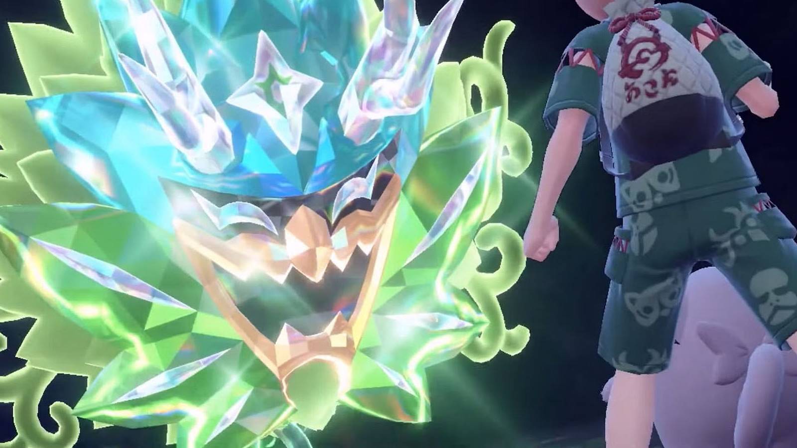 A screenshot of Ogerpon confronting a trainer amid a dark background in Pokemon Scarlet and Violet.