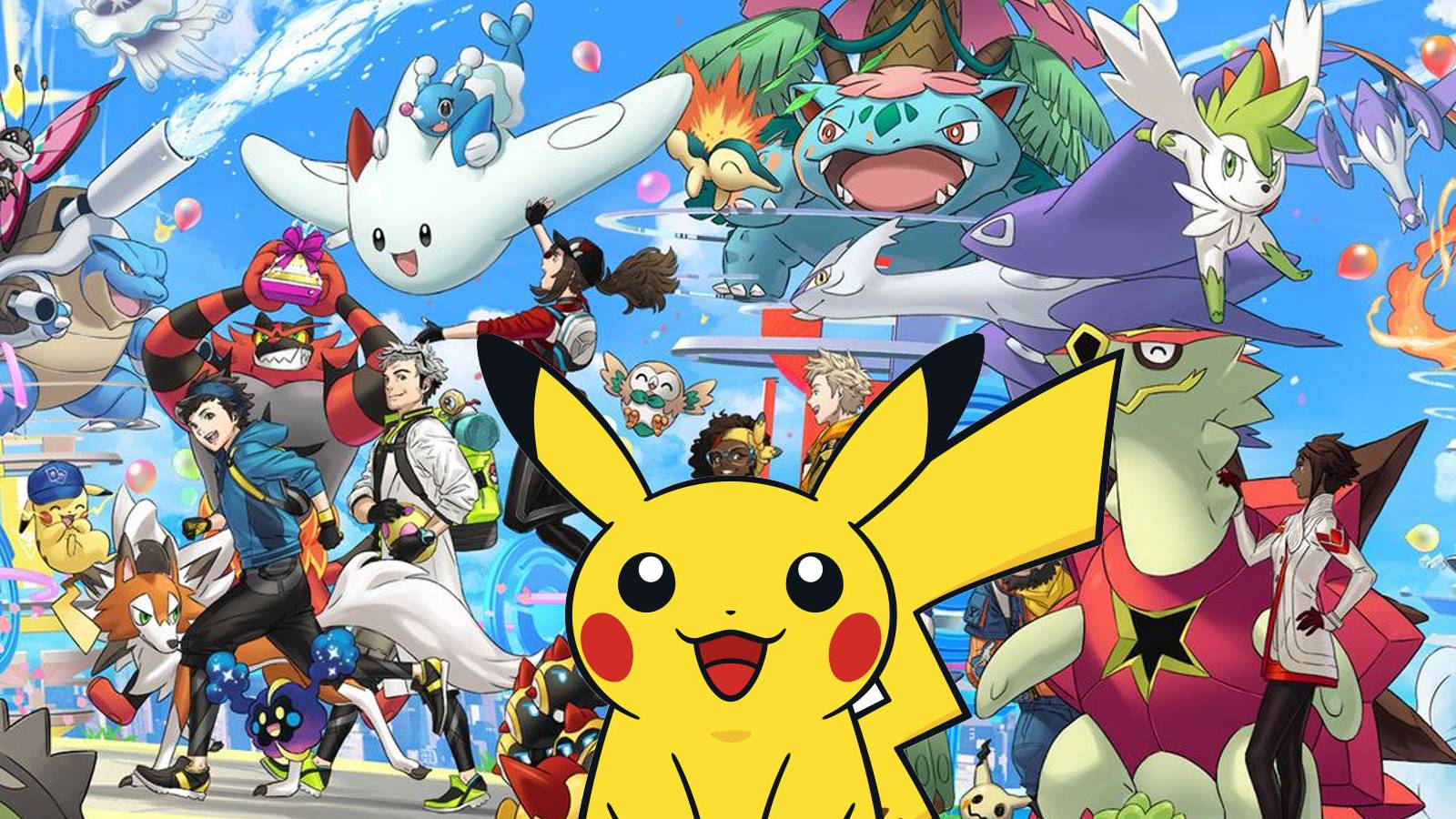 An image of Pikachu standing in front of multiple Pokemon characters amid a sunny blue background.