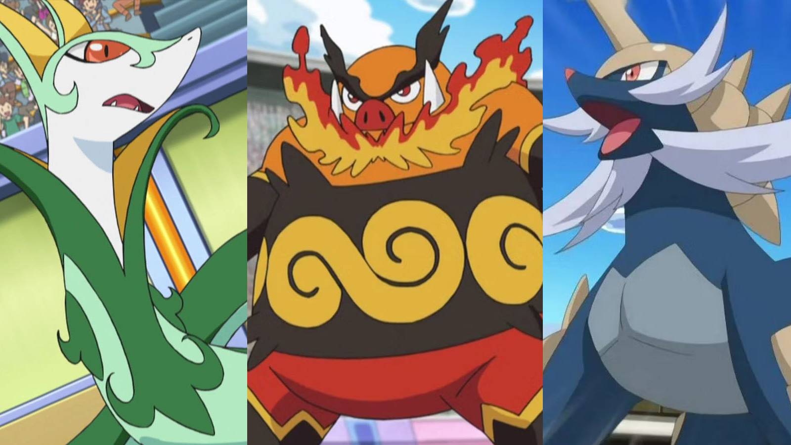 A split-screen image of Serperior, Emboar, and Samurott in the Pokemon anime.