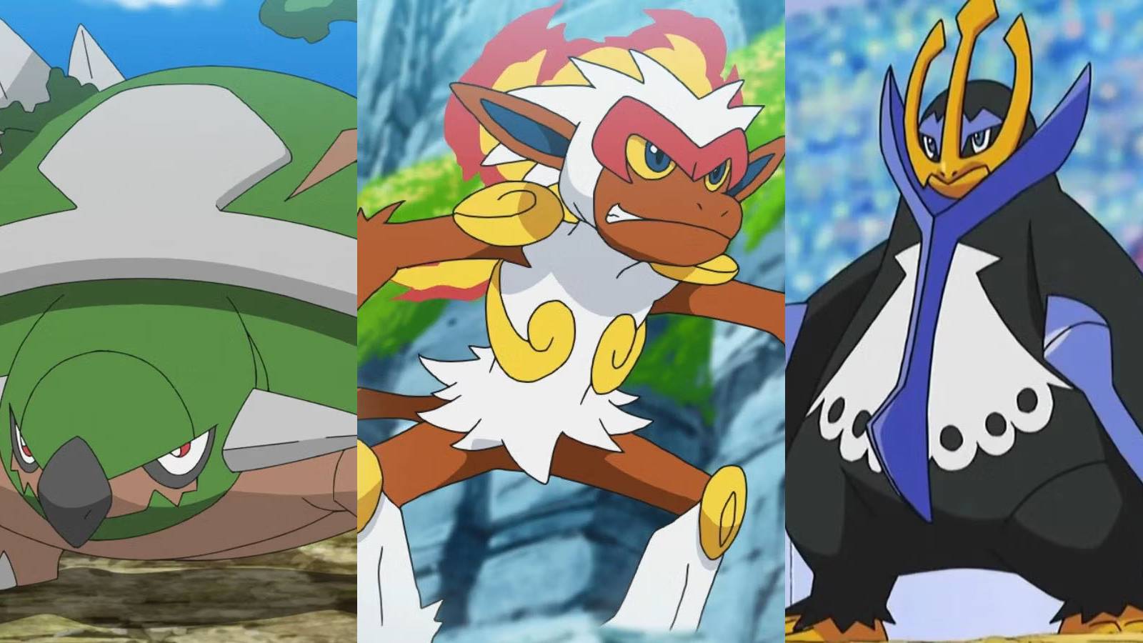 Split-screen images of Torterra, Infernape, and Empoleon from the Pokemon anime.