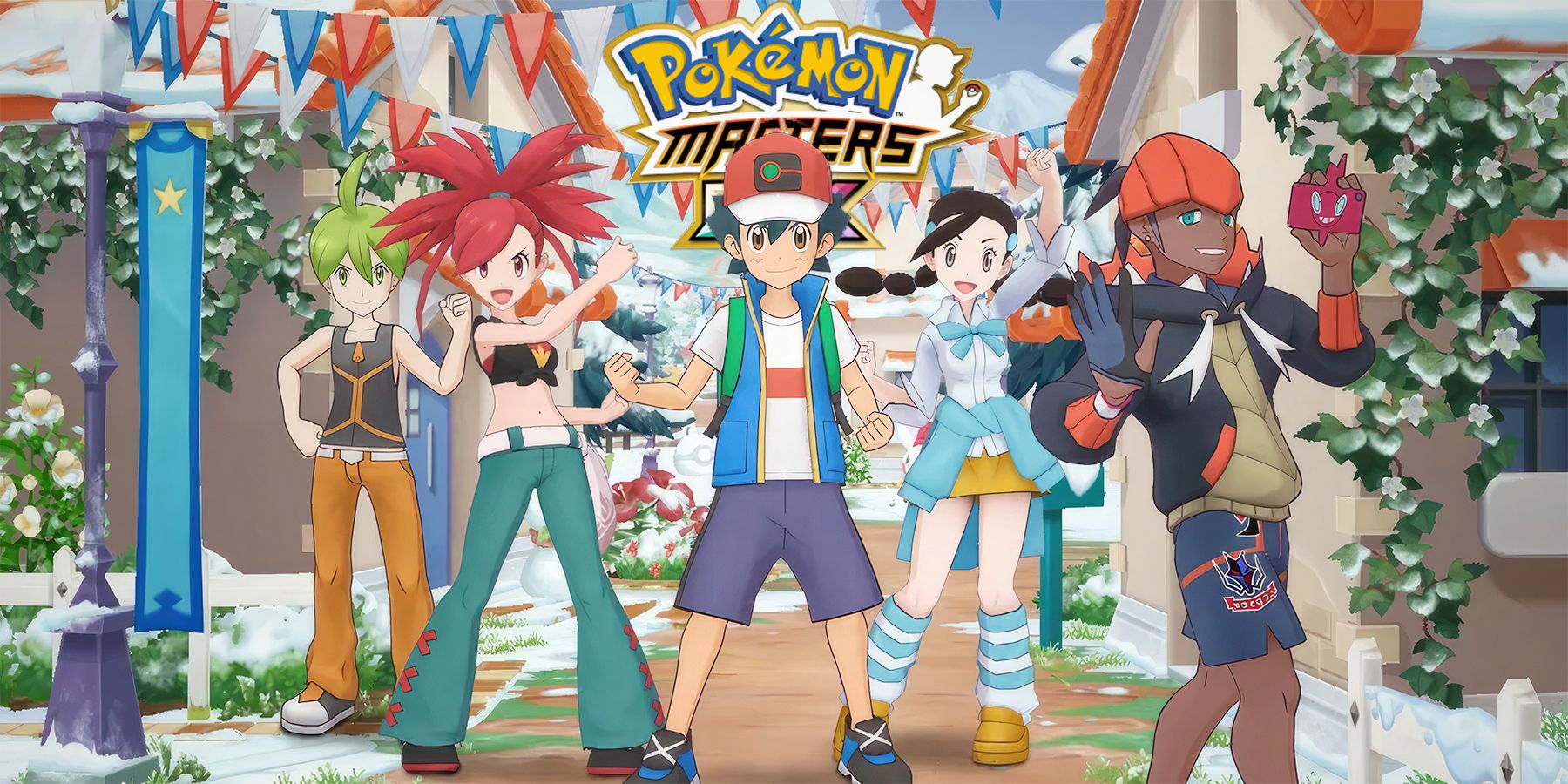 Pokemon Masters EX trainers in front of game logo