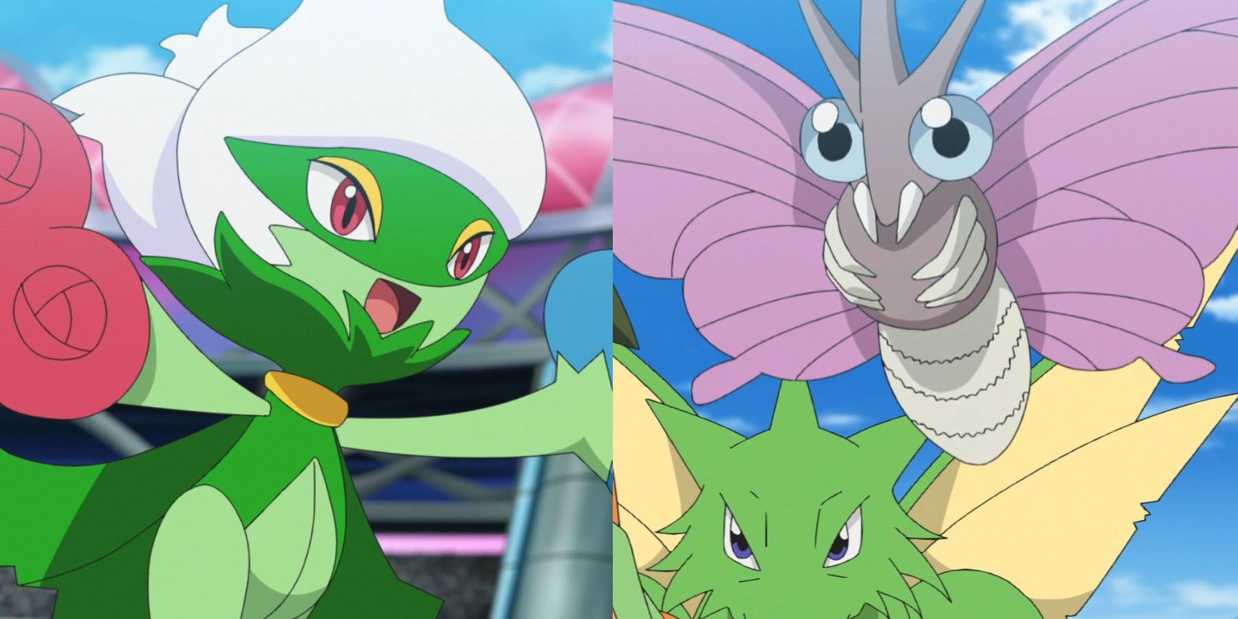 A split-screen image of Roserade and Venomoth from the Pokemon anime.