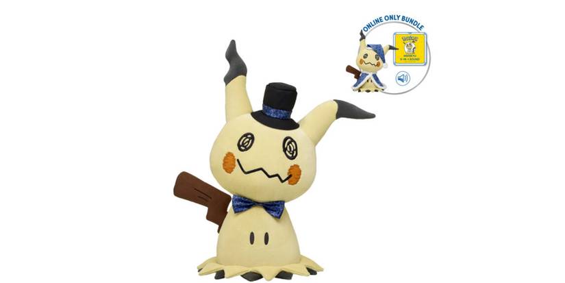 A promotional image of the new Mimikyu plush from Build-a-Bear, dressed in its top hat and bow tie accessories.