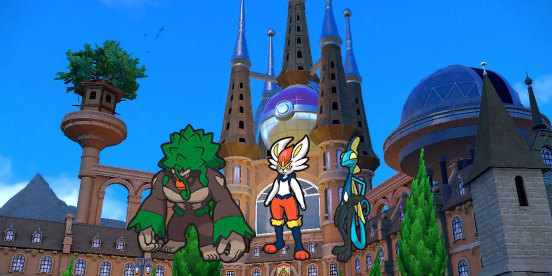 Rillaboom, Cinderace, and Inteleon in front of Uva Academy from Pokemon Scarlet and Violet