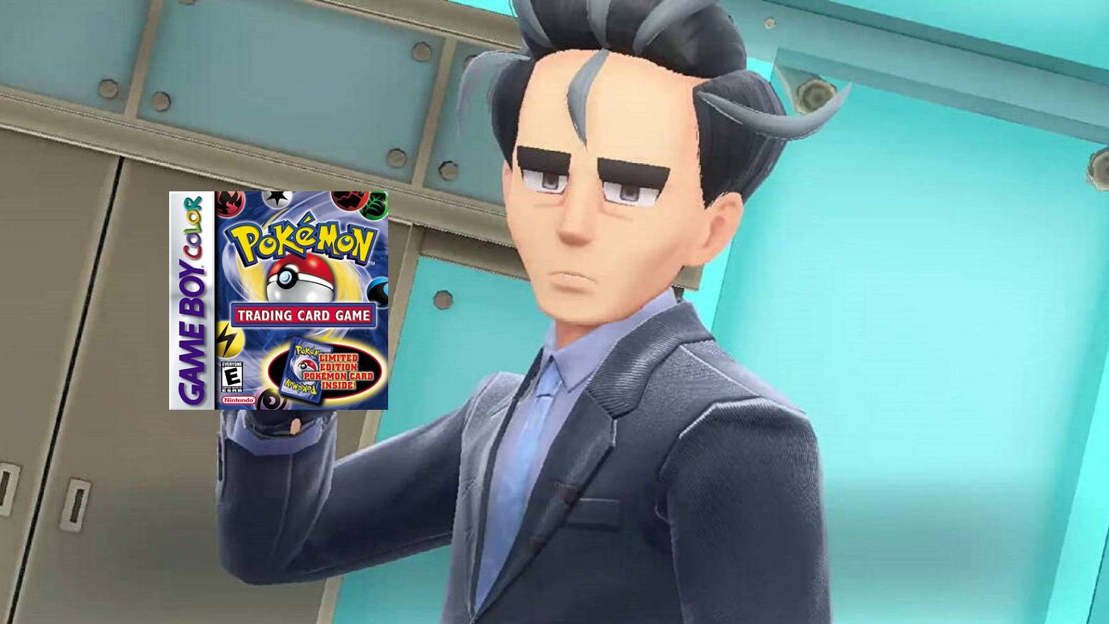 Larry from Pokemon Scarlet and Violet holding the box art for Pokemon Trading Card Game