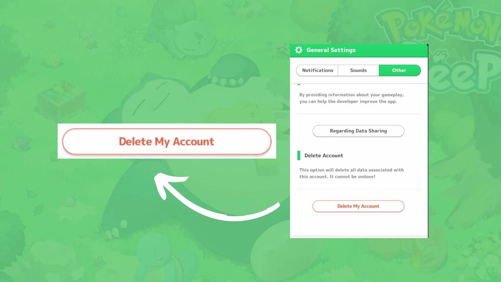 image showing the 'delete my account' button in pokemon sleep.