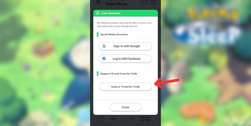 image showing how to get pokemon sleep transfer code.
