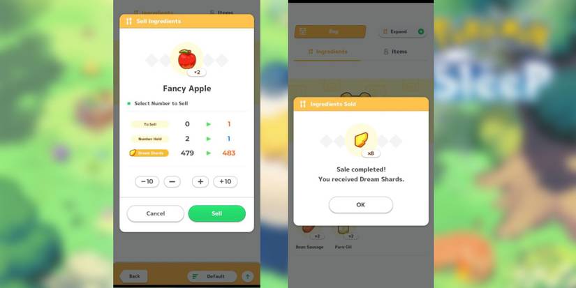 image showing how to sell ingredients in pokemon sleep.