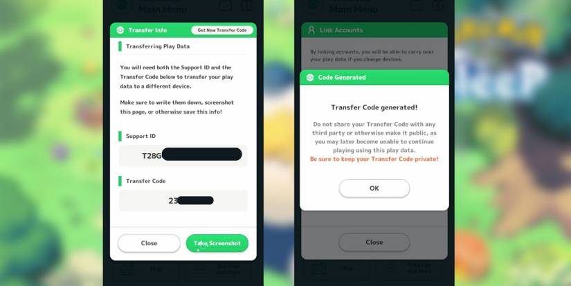 image showing the transfer code and support id in pokemon sleep.