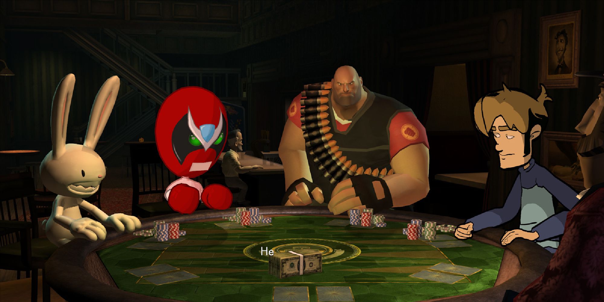 Four characters from very different games sharing a game of poker. 