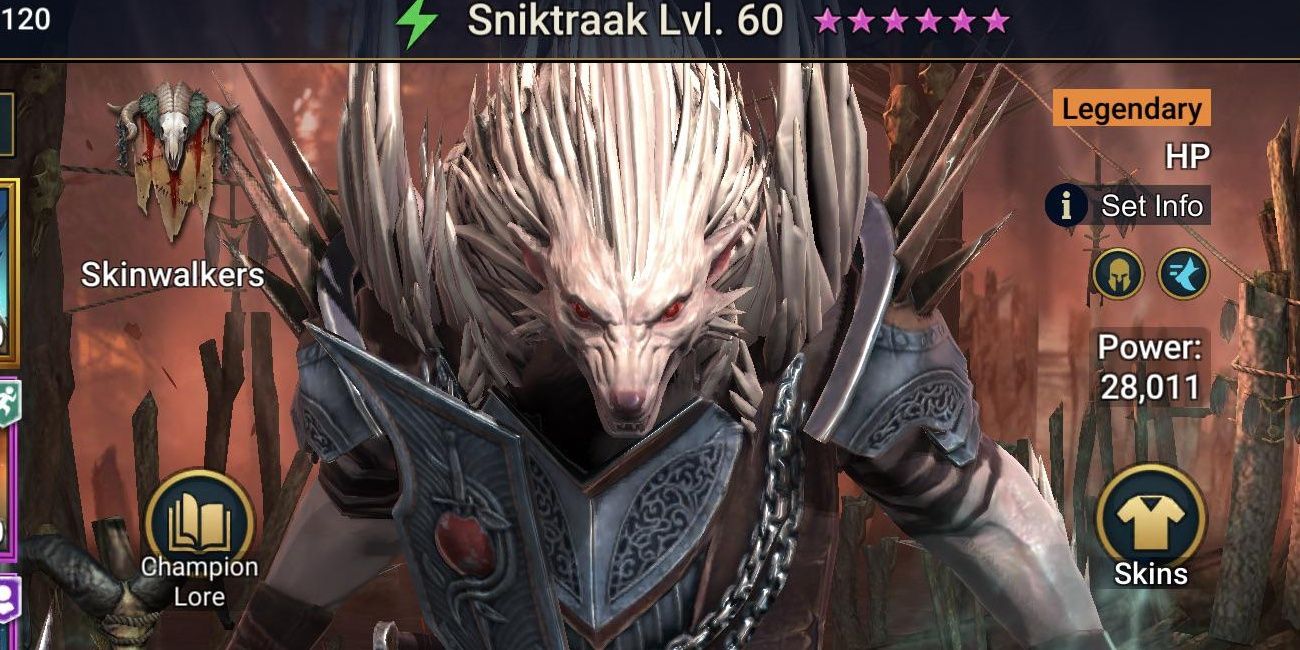 Skinwalker Champion Sniktraak stands in a desolate forest.