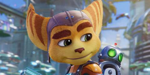 Ratchet looking at Clank on his back in Rift Apart