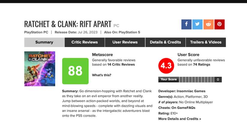 ratchet & clank rift apart PC port metacritic 