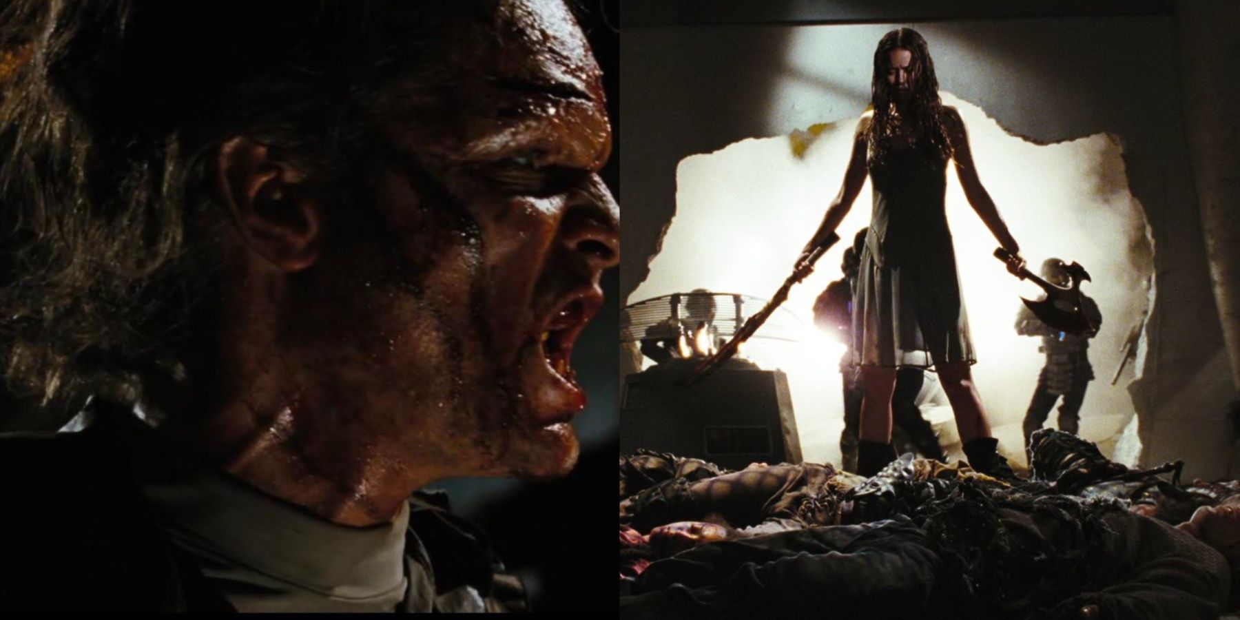 A side-by-side image features a Reaver screaming and River standing above the bodies of Reavers in Serenity