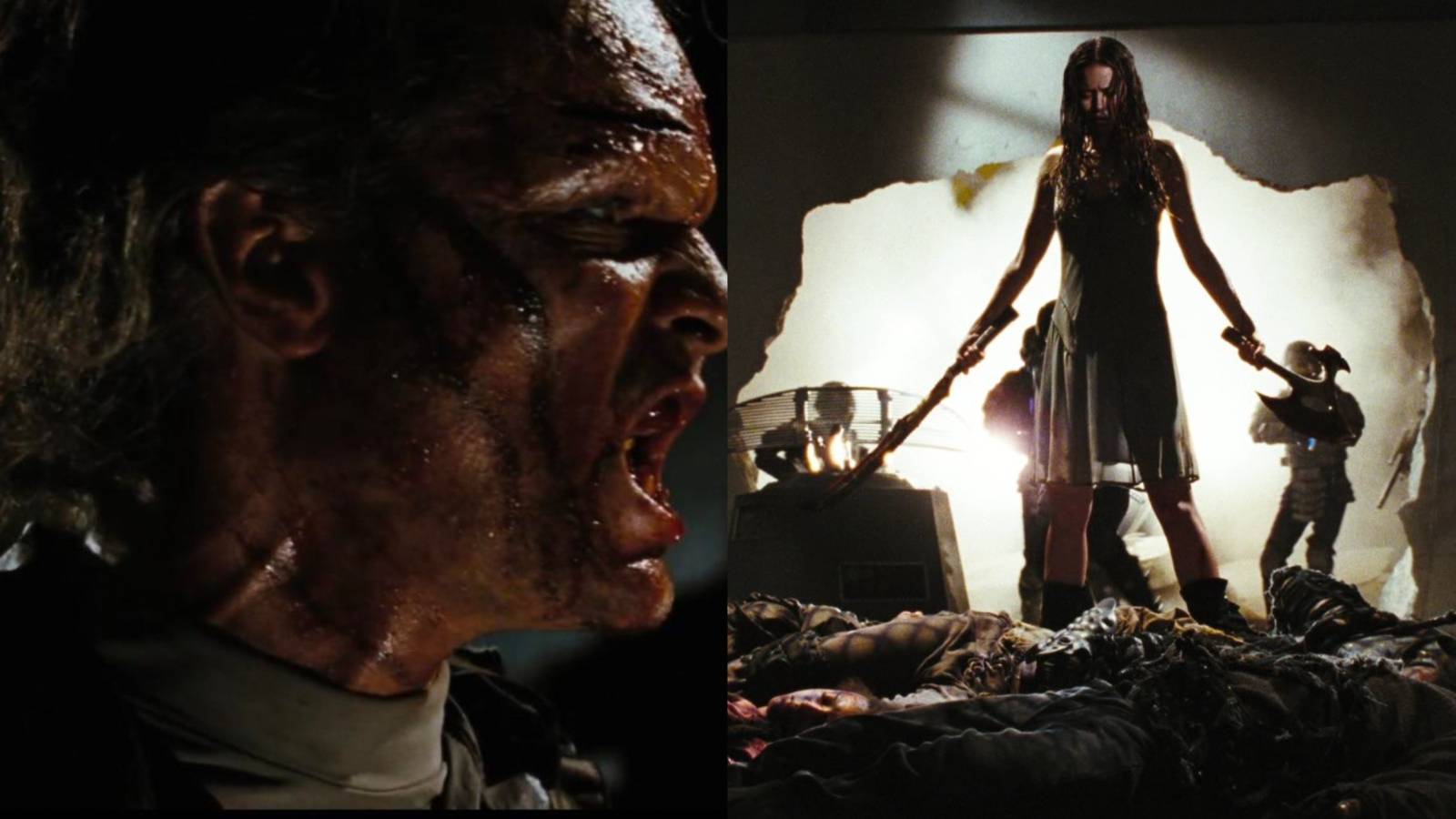 A side-by-side image features a Reaver screaming and River standing above the bodies of Reavers in Serenity