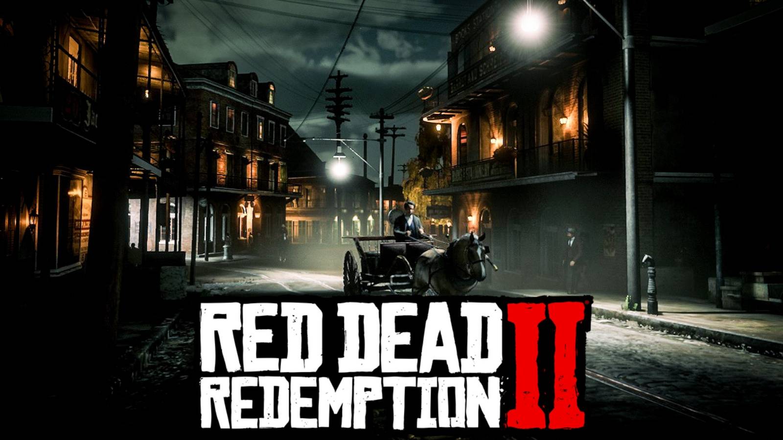 Red Dead 2 Saint Denis city at night with logo