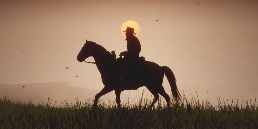 Red Dead Redemption 2 promo screenshot Arthur riding horse with sunset background