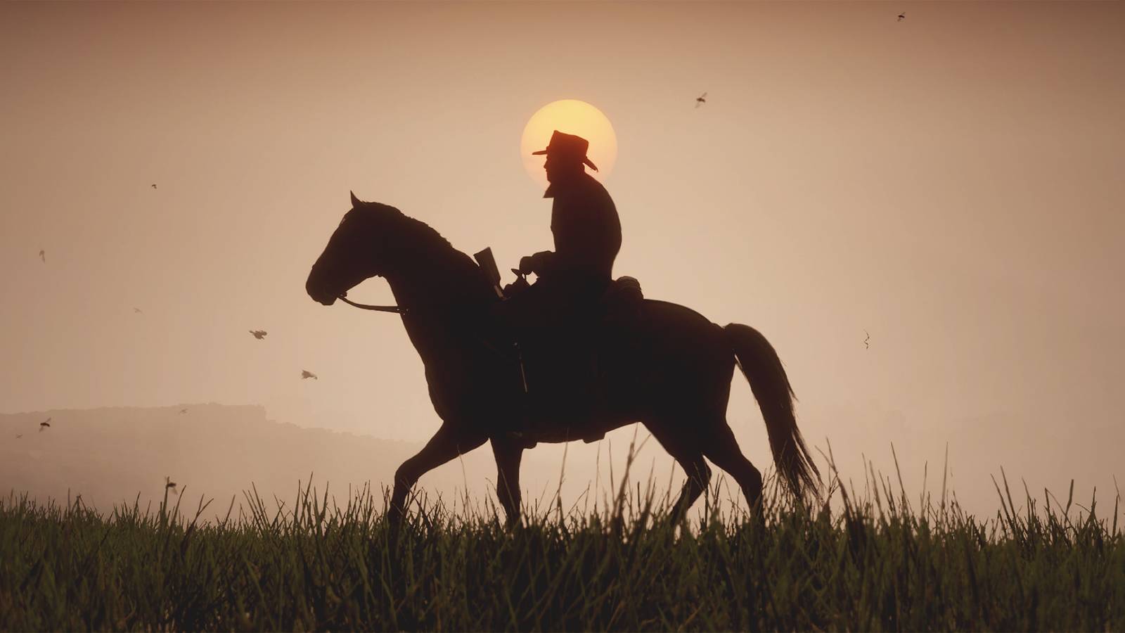 Red Dead Redemption 2 promo screenshot Arthur riding horse with sunset background