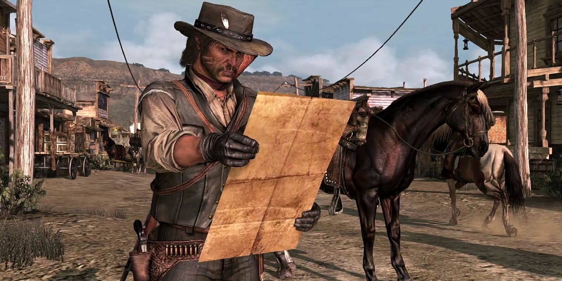 A screenshot of John Marston looking at a map beside his horse in Red Dead Redemption.