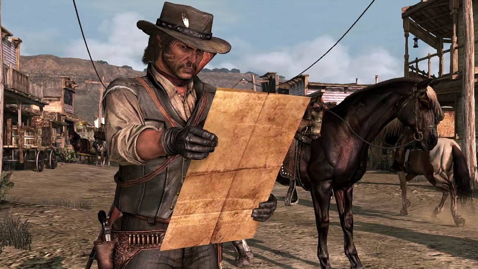 A screenshot of John Marston looking at a map beside his horse in Red Dead Redemption.