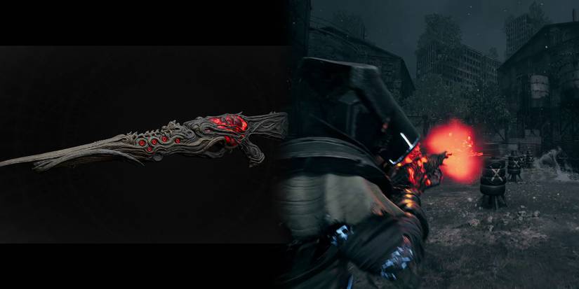 Remnant 2 - Merciless Long Gun Inspect Next To Image Of Using Its Weapon Mod