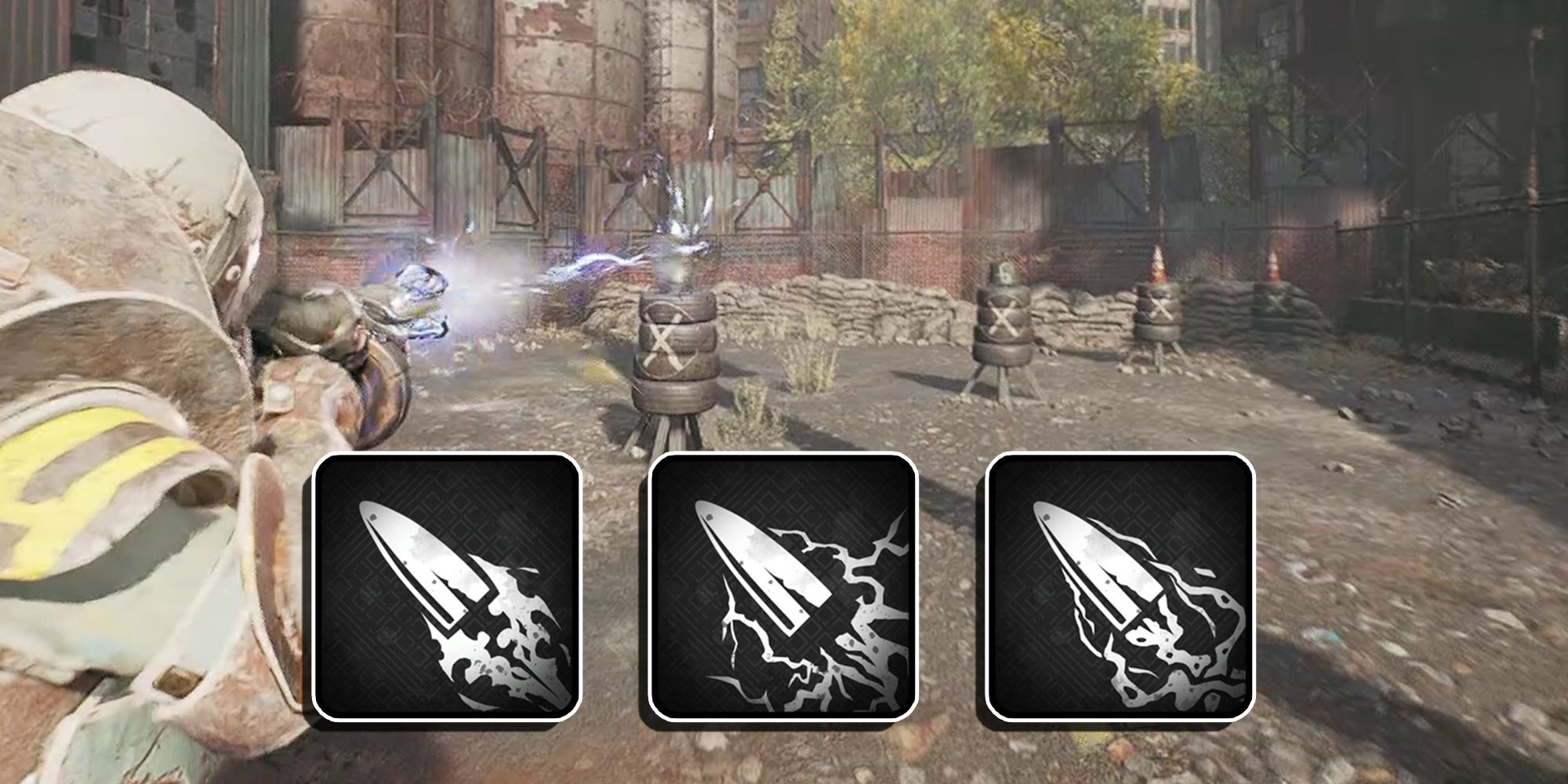 Remnant 2 - Player Firing Overflow Infused Rounds With Icons For Hot Shot, Overflow, And Corrosive Rounds Overlaid On Top