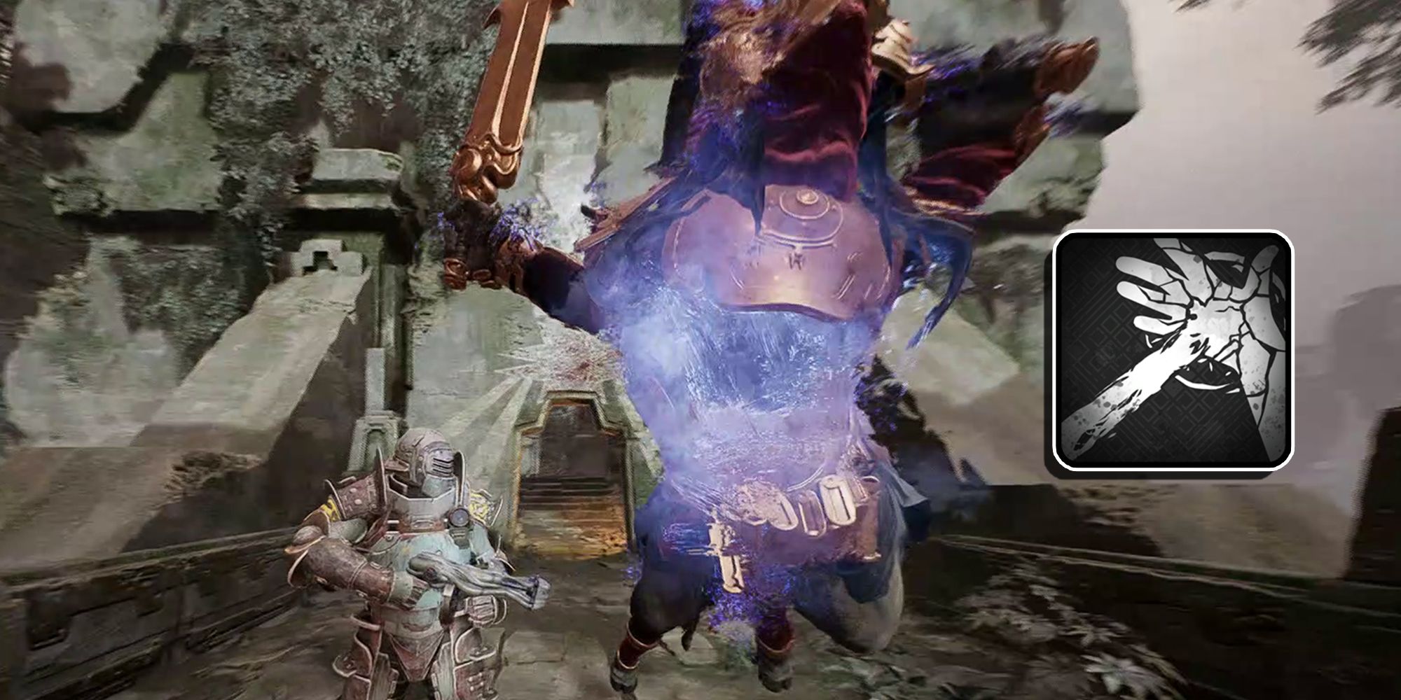Remnant 2 - Player Posing Next To Statis Frozen Enemy With Stasis Mod Icon Overlaid On Top