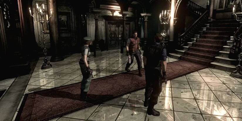 Jill, Barry, and Chris meeting in the mansion's foyer