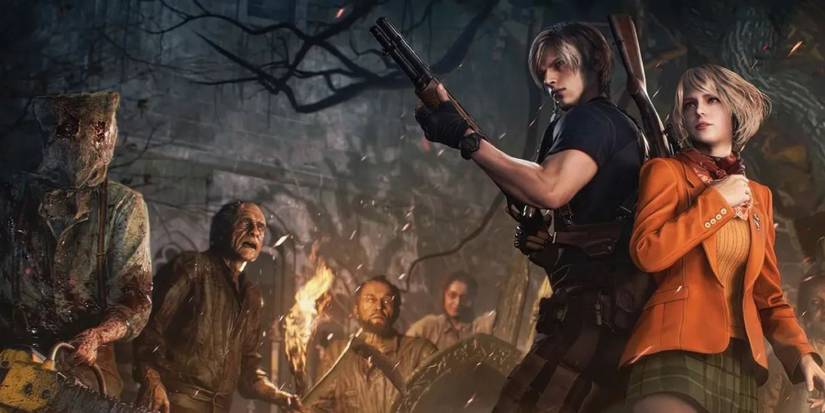 Leon Kennedy and Ashley Graham being surrounded by villagers
