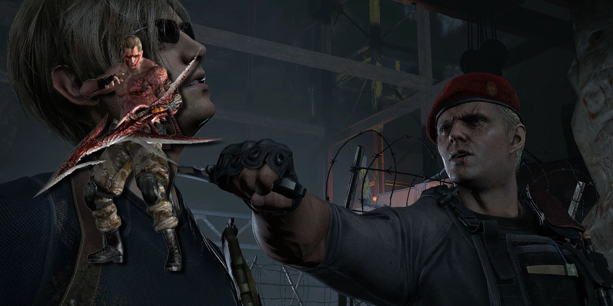 Resident Evil 4 Remake - Jack Krauser Holding A Knife Up To Leon's Neck With Image Of Mutated Form Overlaid On Top