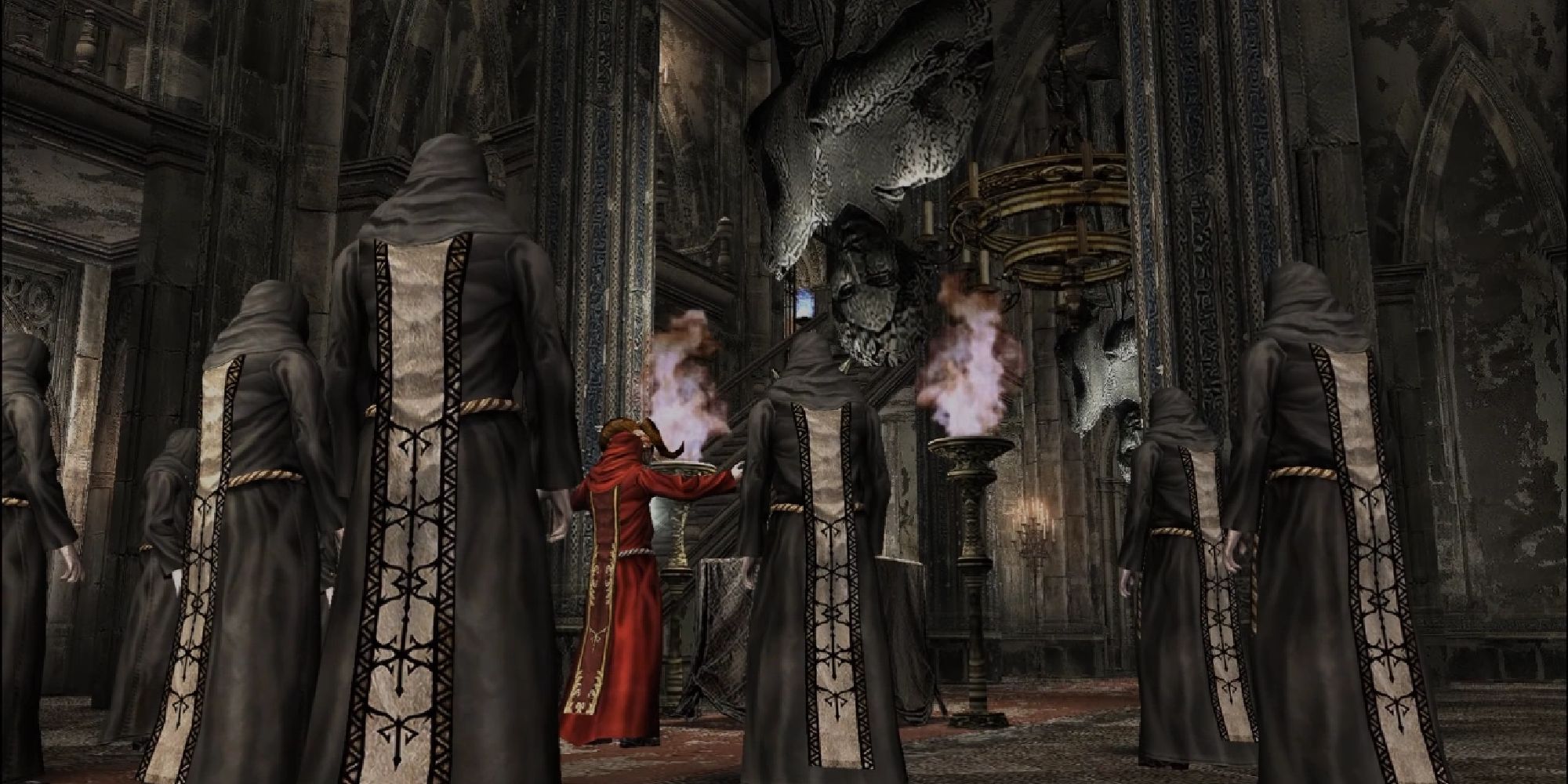 A group of robed cultists gather in a chamber in the hall, praying at an altar.