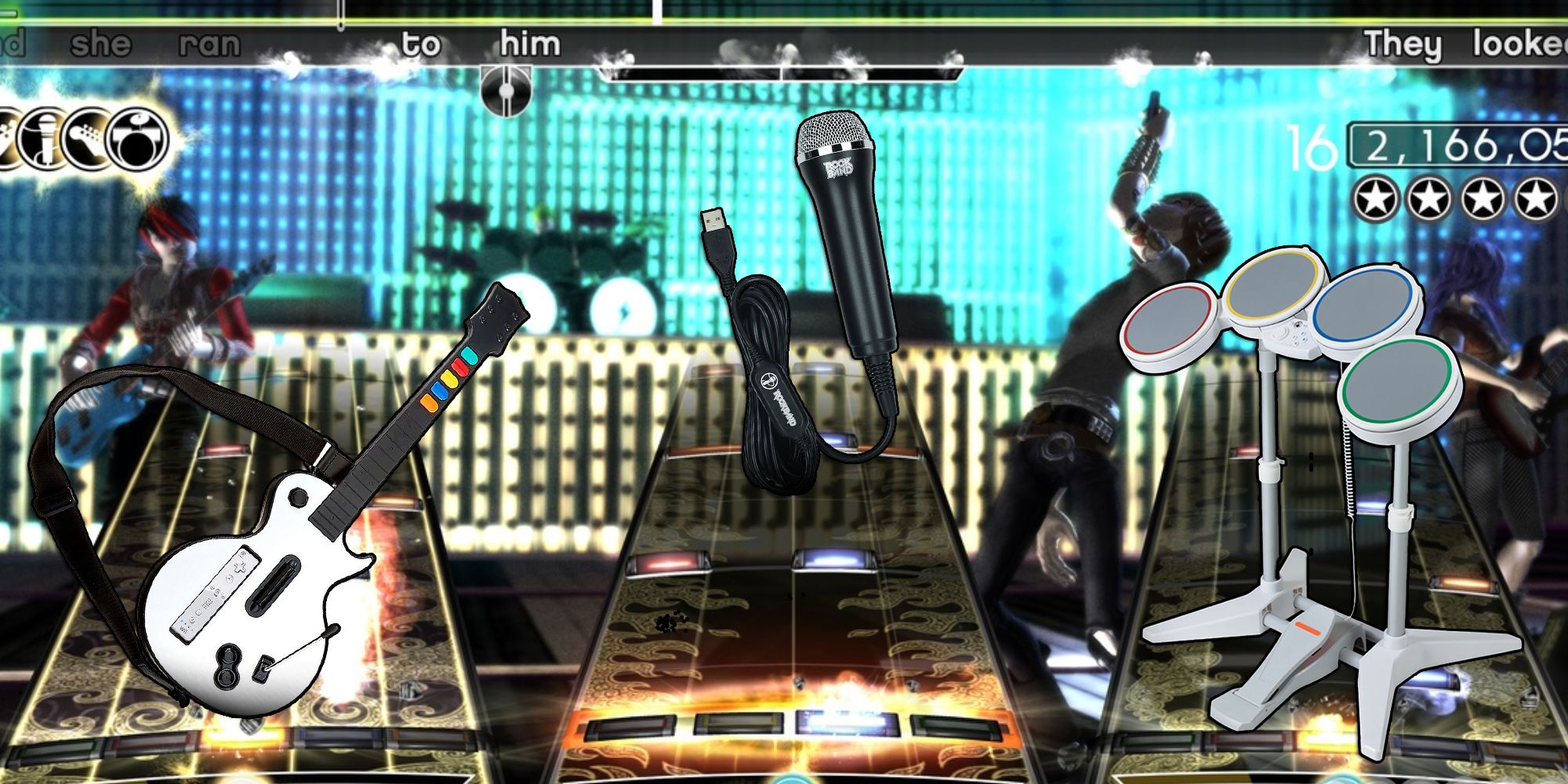 Rock Band for the Nintendo Wii with guitar mic and drum accessories