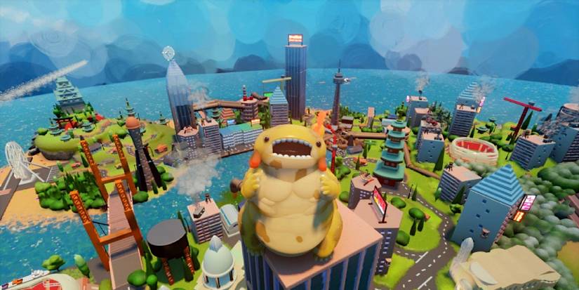 A large, adorable yellow lizard sits atop a building.