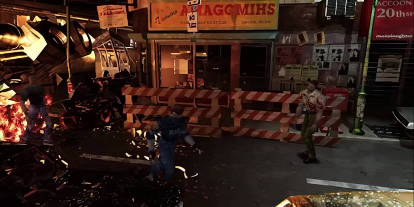 Leon Running From A Horde Of Zombies in Resident Evil 2