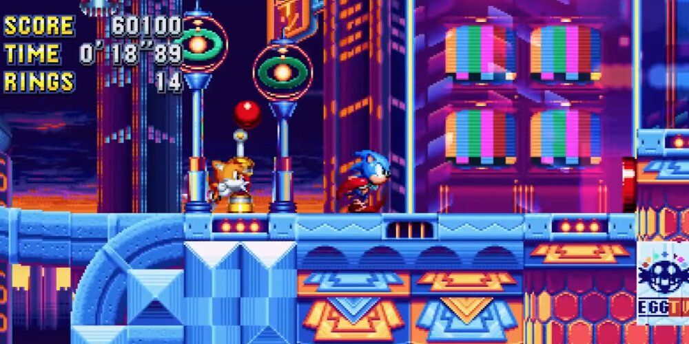 Sonic and Tails running through Studiopolis Zone