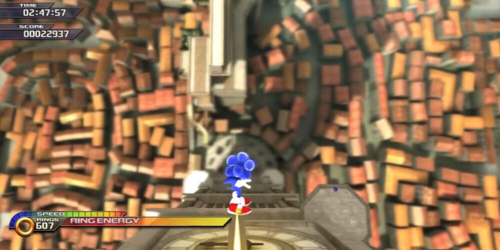 Sonic puliendo un riel sobre una ciudad