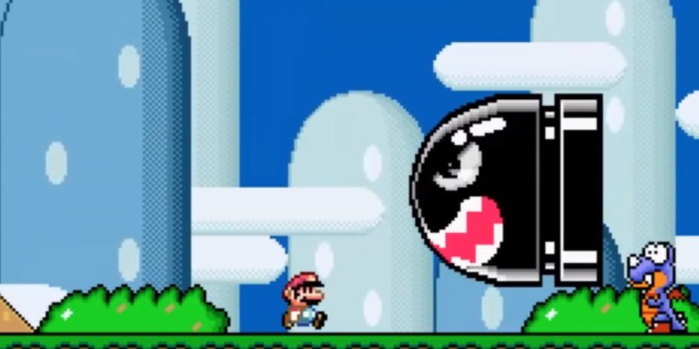 Mario corriendo debajo de un billete de bala