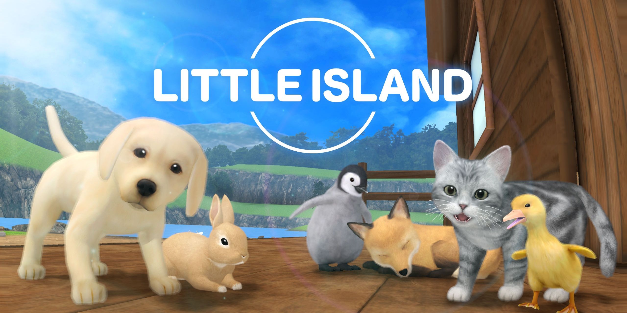 Little Island logo with dog rabbit cat penguin fox duckling blue sky