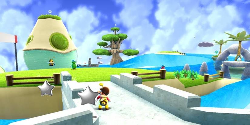 Mario collecting Silver Stars in the Sea Slide Galaxy