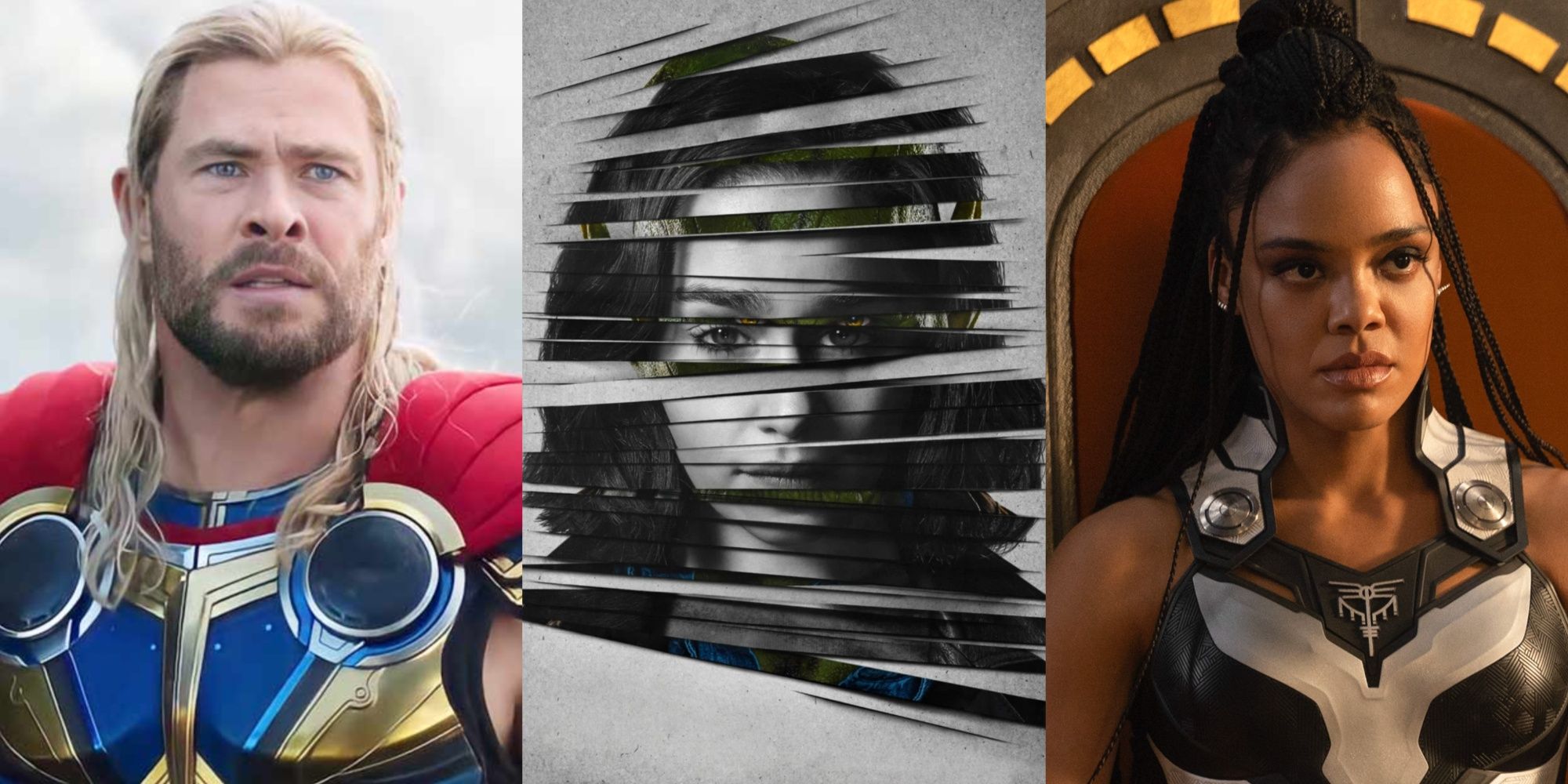 A split image features Thor in Love and Thunder, G'iah in a Secret Invasion poster, and Valkyrie in Love and Thunder