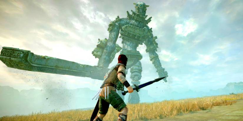 Wander facing a Colossus in Shadow of the colossus