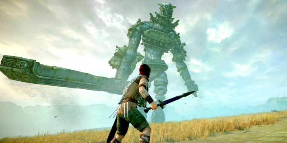 Wander facing a Colossus in Shadow of the colossus
