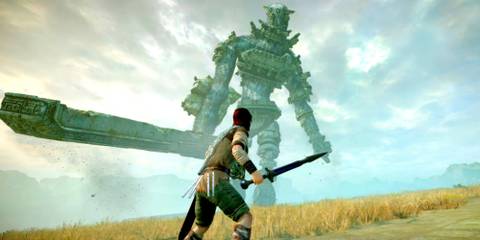 Wander facing a Colossus in Shadow of the colossus