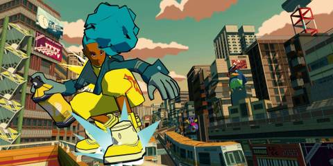 Bomb Rush Cyberfunk player grinds while free running, holding spray paint can