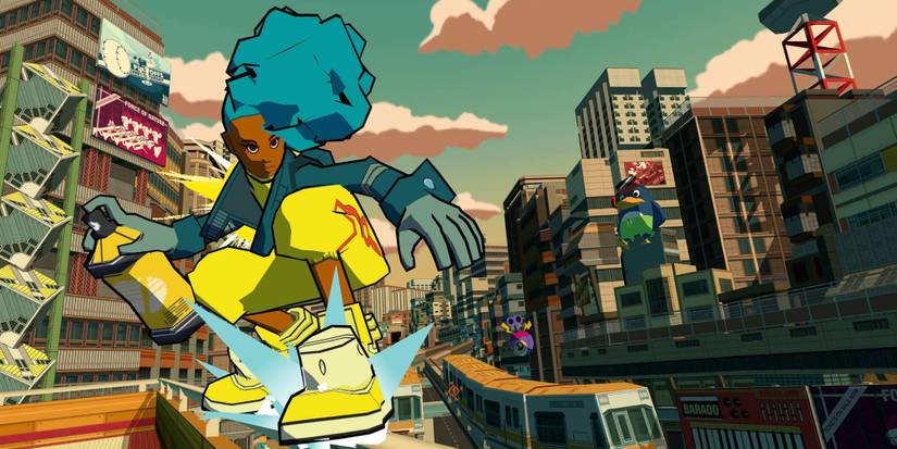 Bomb Rush Cyberfunk player grinds while free running, holding spray paint can