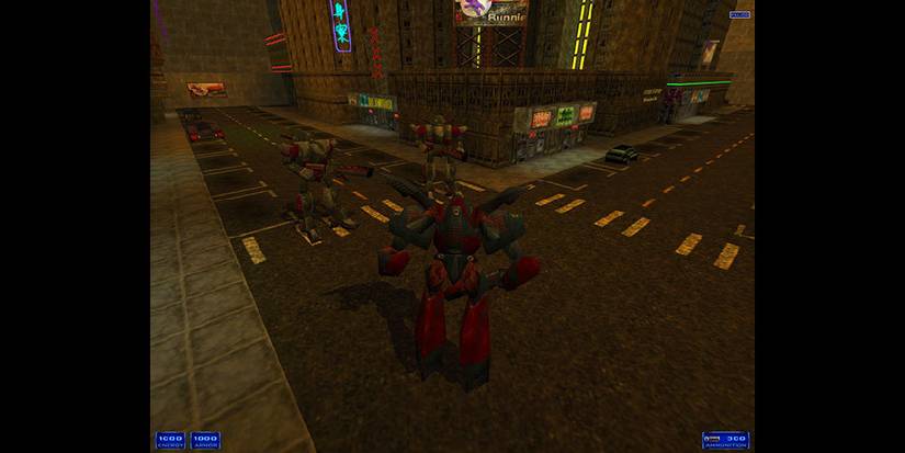 A red mecha being apprehended by two gray mechas on a city street corner